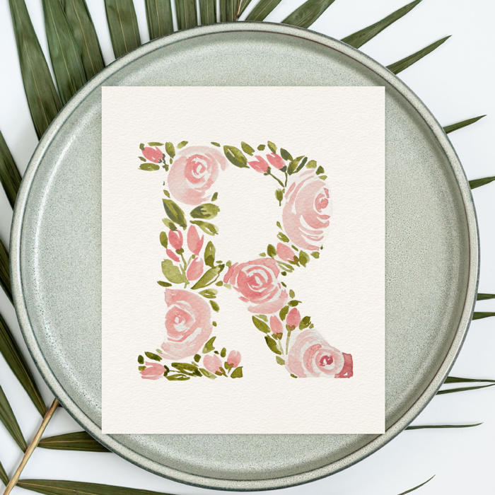 Hand Painted Initial | Rose Floral Monogram Letter | Original Painting