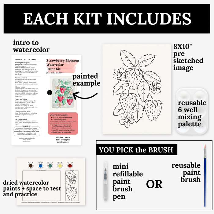 Strawberry Watercolor Paint Kit | Pre-Sketched Art Set Gift, Family Paint Party, Date Night
