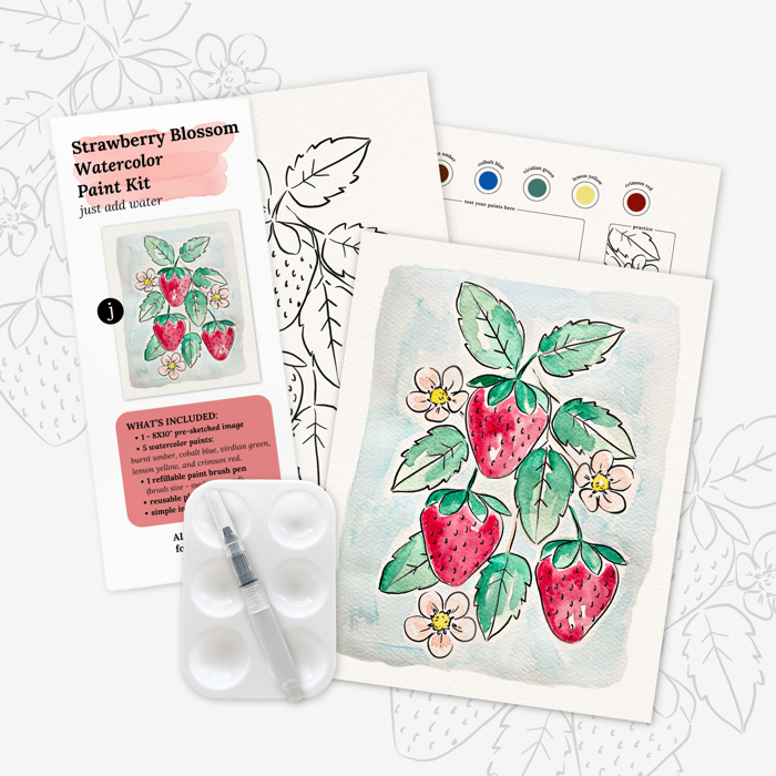 Strawberry Watercolor Paint Kit | Pre-Sketched Art Set Gift, Family Paint Party, Date Night