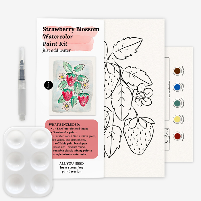 Strawberry Watercolor Paint Kit | Pre-Sketched Art Set Gift, Family Paint Party, Date Night