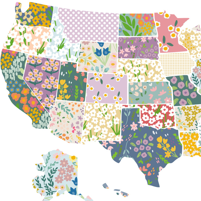 US Map Art Print | Hand Illustrated Florals | 2 Options