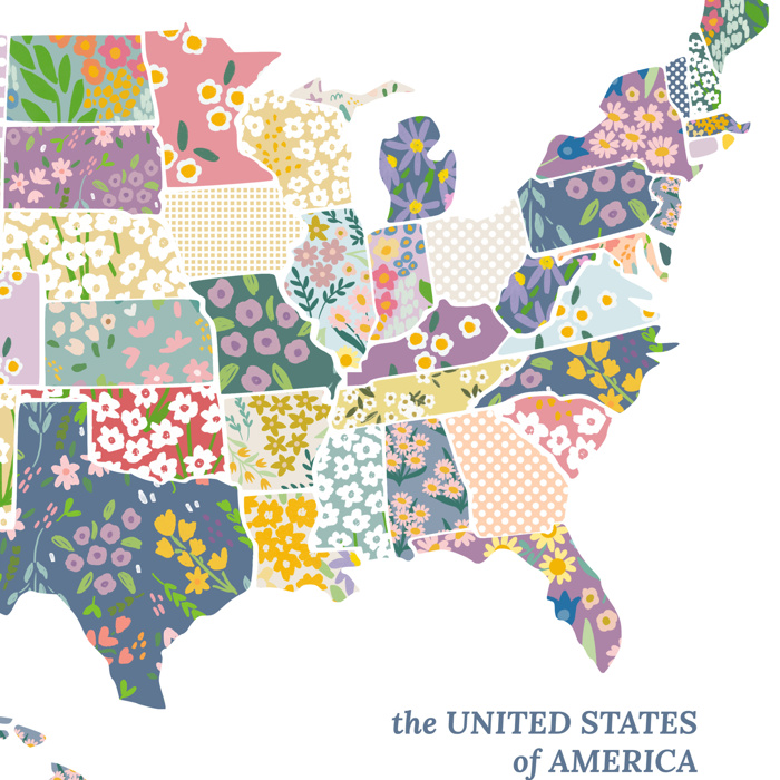 US Map Art Print | Hand Illustrated Florals | 2 Options