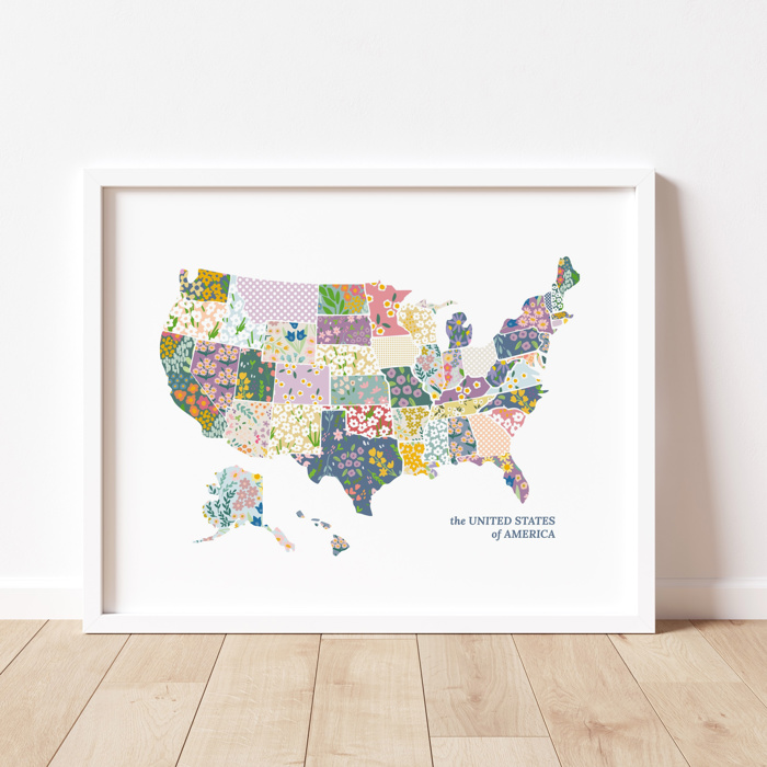 US Map Art Print | Hand Illustrated Florals | 2 Options