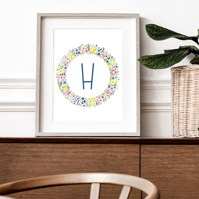 Initial Letter Print | Watercolor Wildflower Wreath