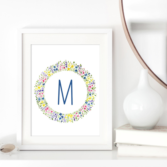 Initial Letter Print | Watercolor Wildflower Wreath