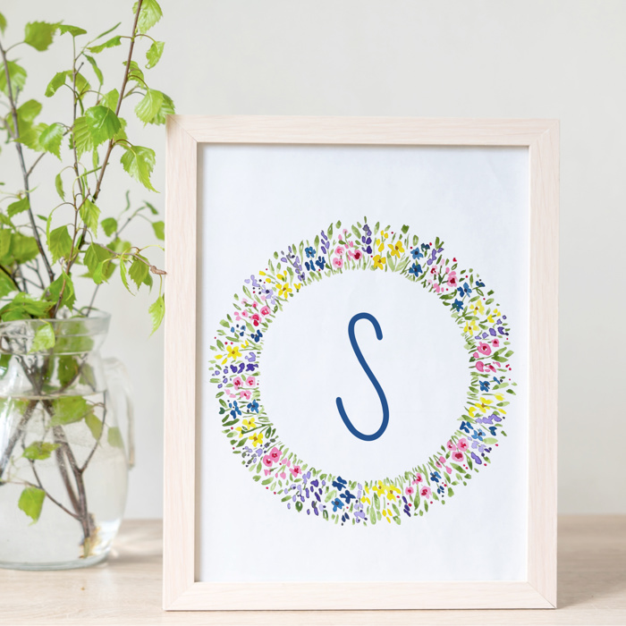 Initial Letter Print | Watercolor Wildflower Wreath