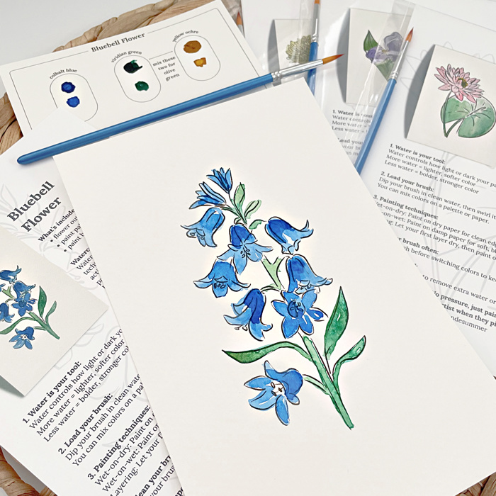 Set of 4 Watercolor Paint Kits | Floral Sketches, Brushes & Palettes | 12 Flower Options