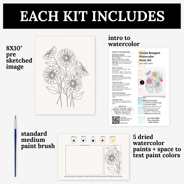 Zinnia Bouquet Watercolor Paint Kit | Just Add Water All In One Art Set Gift