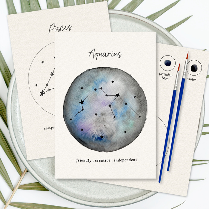 2 PK Couples Zodiac Star Chart Paint Kits | 2 Pre-Sketched 5X7 in Cards with Brush and Watercolor Paints for Date Night
