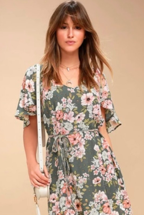 Green Floral V Neck Open Back Mini Dress