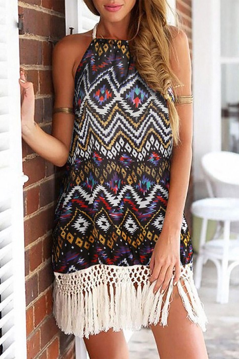 Aztec Halter Neck Sleeveless Tasseled Dress
