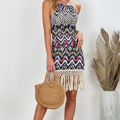 Aztec Halter Neck Sleeveless Tasseled Dress