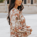   Floral Long Sleeve Lace-up V Neck Blouse