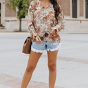   Floral Long Sleeve Lace-up V Neck Blouse