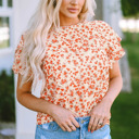  Floral Print Ruffle Sleeve Round Neck Blouse