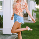  Floral Print Ruffle Sleeve Round Neck Blouse