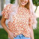  Floral Print Ruffle Sleeve Round Neck Blouse
