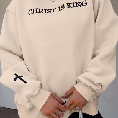 CHRIST IS KING Embroidery High Neck Baggy Sweatshirt