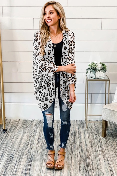 Leopard Print Long Sleeve Open Front Cardigan