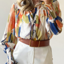  Abstract Print Buttoned V Neck Long Sleeve Blouse