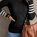  Black Striped Sleeve Plain Knit Sweater