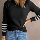  Black Striped Sleeve Plain Knit Sweater