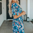  Blue Boho Floral Print Mini Dress