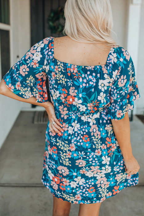 Blue Boho Floral Print Mini Dress