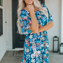  Blue Boho Floral Print Mini Dress