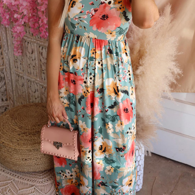 Floral Print Sleeveless Maxi Dress with Pocket