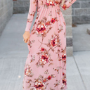  Pink Floral Long Sleeve V-Neck Maxi Dress