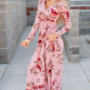  Pink Floral Long Sleeve V-Neck Maxi Dress