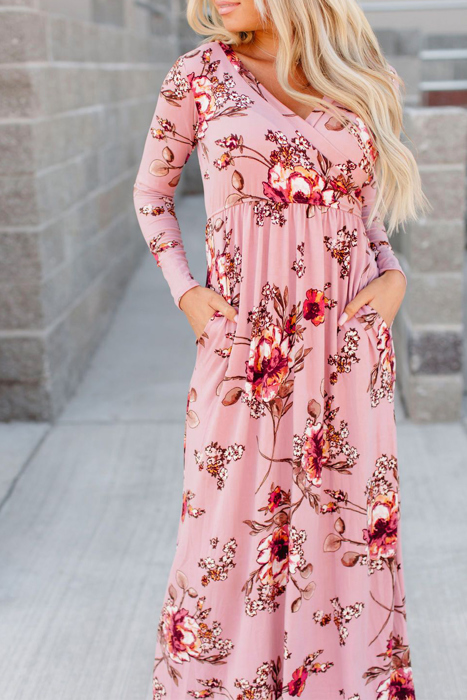 Pink Floral Long Sleeve V-Neck Maxi Dress