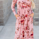  Pink Floral Long Sleeve V-Neck Maxi Dress