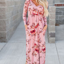  Pink Floral Long Sleeve V-Neck Maxi Dress