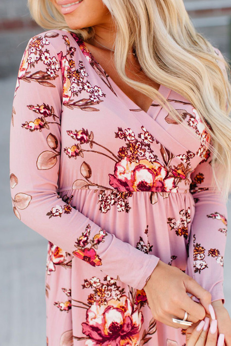 Pink Floral Long Sleeve V-Neck Maxi Dress
