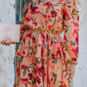  Floral V Neck Puff Sleeve Ruffled Dress