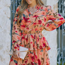  Floral V Neck Puff Sleeve Ruffled Dress