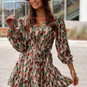  Brush Stroke Print Long Sleeve Mini Dress