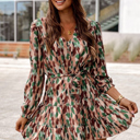  Brush Stroke Print Long Sleeve Mini Dress