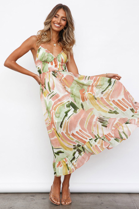 Abstract Spaghetti Strap Maxi Dress