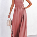  Pink Swiss Dot Knotted Shoulder Smocked Maxi Dress