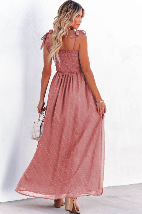 Pink Swiss Dot Knotted Shoulder Smocked Maxi Dress