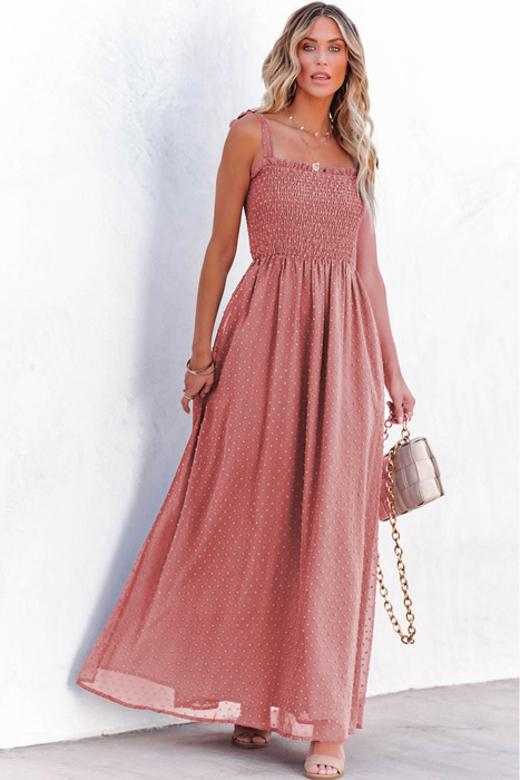 Pink Swiss Dot Knotted Shoulder Smocked Maxi Dress
