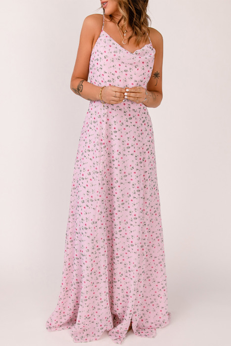 Pink Floral Print Spaghetti Strap Maxi Dress