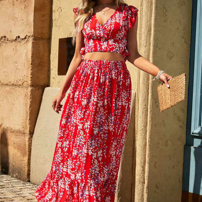 Red Floral Ruffled Crop Top and Maxi Skirt Set