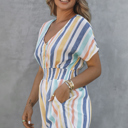  Striped V Neck Pocketed Romper