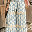  Floral Print Lace Patchwork Detail Wide Leg Pants