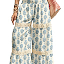  Floral Print Lace Patchwork Detail Wide Leg Pants