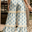  Floral Print Lace Patchwork Detail Wide Leg Pants